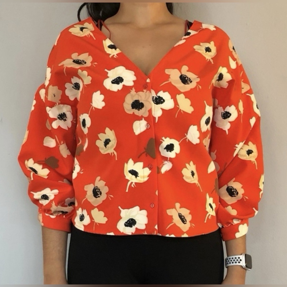 Zara Bright Orange Floral Blouse Sz M